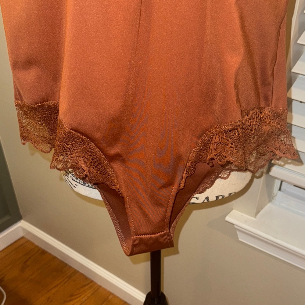 Lace Trim Satin Chemise Bodysuit in Rust - Picture 3 of 10